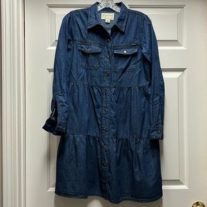 Evy’s Tree Cora denim tiered babydoll dress pockets collared preppy feminine S